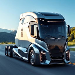 A custom cutting-edge semi-truck designed for maximum efficiency and style, featuring a sleek, futuristic design with an aerodynamic body