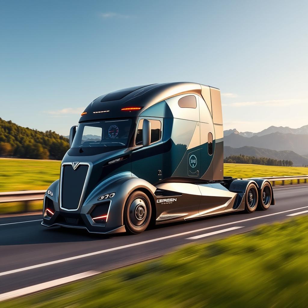 A custom cutting-edge semi-truck designed for maximum efficiency and style, featuring a sleek, futuristic design with an aerodynamic body