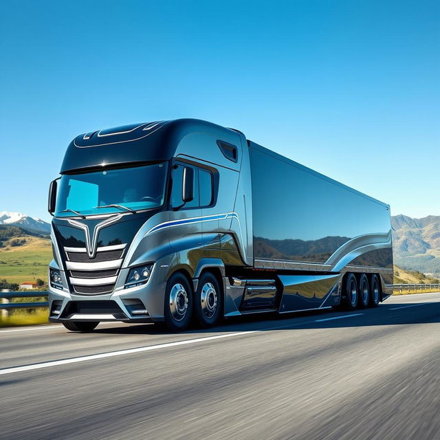 A custom cutting-edge semi-truck designed for maximum efficiency and style, featuring a sleek, futuristic design with an aerodynamic body