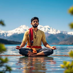 Dipendra Singh Airee, a prominent Nepali cricketer, deeply focused on meditation, surrounded by the serene beauty of Mansarovar Lake near Mount Kailash