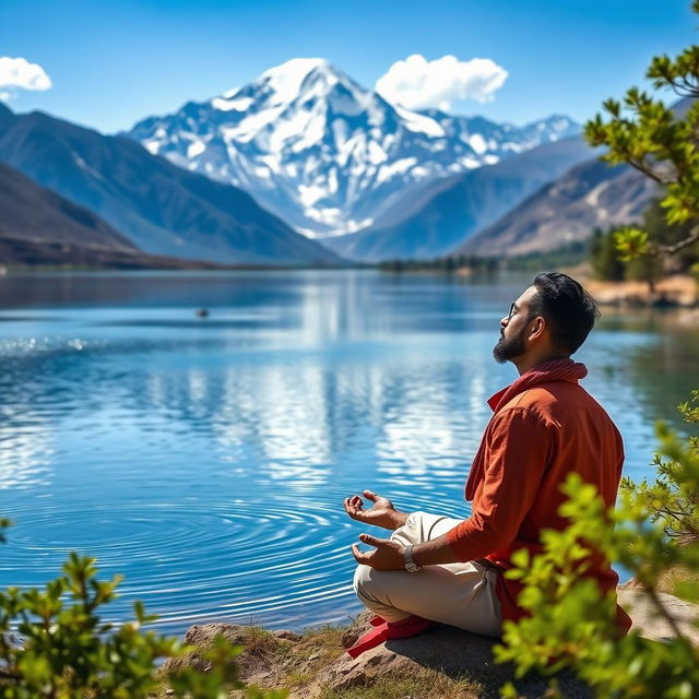 Dipendra Singh Airee, a prominent Nepali cricketer, deeply focused on meditation, surrounded by the serene beauty of Mansarovar Lake near Mount Kailash