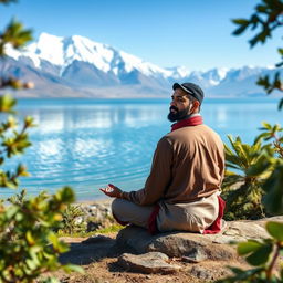 Dipendra Singh Airee, a prominent Nepali cricketer, deeply focused on meditation, surrounded by the serene beauty of Mansarovar Lake near Mount Kailash