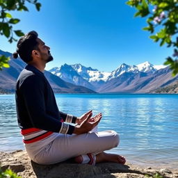 Dipendra Singh Airee, a prominent Nepali cricketer, deeply focused on meditation, surrounded by the serene beauty of Mansarovar Lake near Mount Kailash