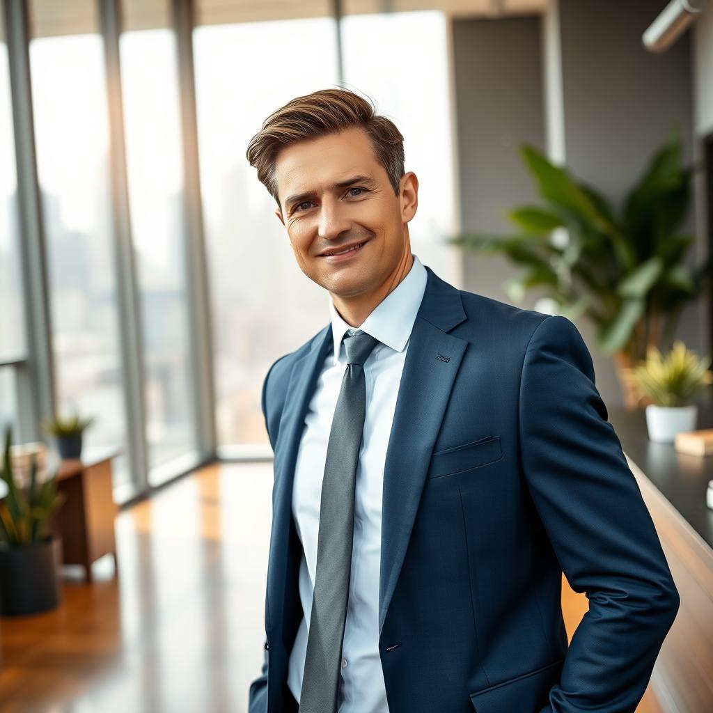 A professional businessman standing confidently in an urban office environment