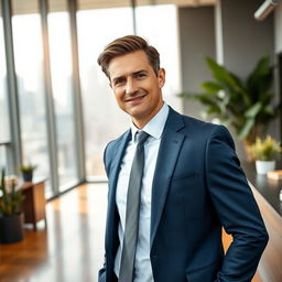 A professional businessman standing confidently in an urban office environment