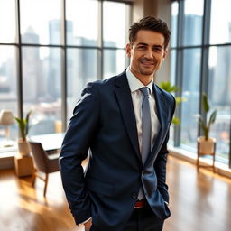 A professional businessman standing confidently in an urban office environment