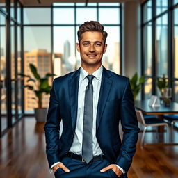 A professional businessman standing confidently in an urban office environment