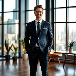 A professional businessman standing confidently in an urban office environment