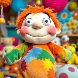 A whimsical, plush puppet character representing a chubby, silly stuffed boy, with an adorably big, goofy smile, bright colorful fabric, and oversized features