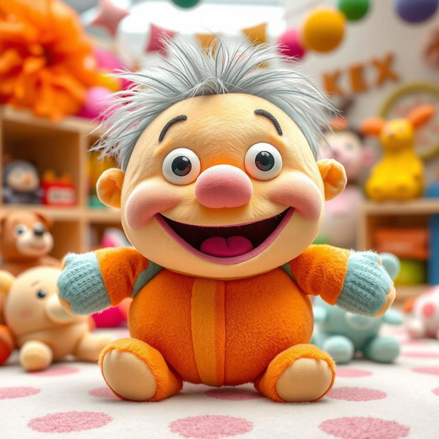 A whimsical, plush puppet character representing a chubby, silly stuffed boy, with an adorably big, goofy smile, bright colorful fabric, and oversized features