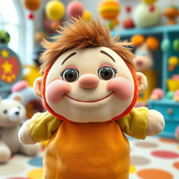 A whimsical, plush puppet character representing a chubby, silly stuffed boy, with an adorably big, goofy smile, bright colorful fabric, and oversized features