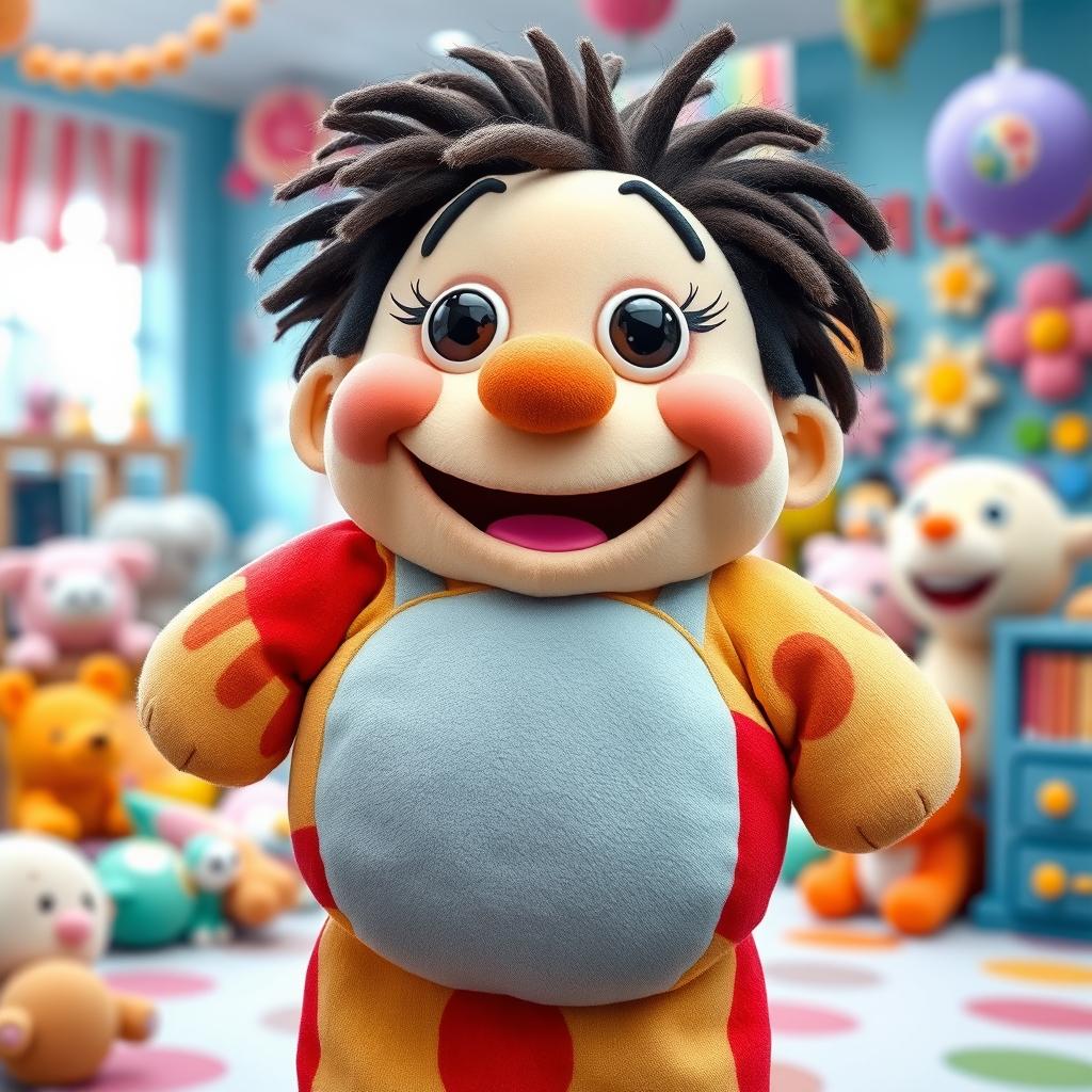 A whimsical, plush puppet character representing a chubby, silly stuffed boy, with an adorably big, goofy smile, bright colorful fabric, and oversized features