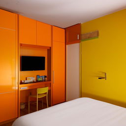 Generate an image of a vibrantly colored 10.65 square meter room equipped with a desk, bed, cupboard, and a 65-inch wall-mounted TV.