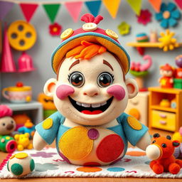 A delightfully whimsical character designed as a felt puppet, representing a chubby, silly stuffed boy with an oversized, goofy grin and exaggerated features