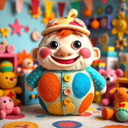 A delightfully whimsical character designed as a felt puppet, representing a chubby, silly stuffed boy with an oversized, goofy grin and exaggerated features