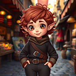 A teen girl Halfling rogue standing confidently with short, curly reddish brown hair and expressive brown eyes