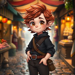 A teen girl Halfling rogue standing confidently with short, curly reddish brown hair and expressive brown eyes