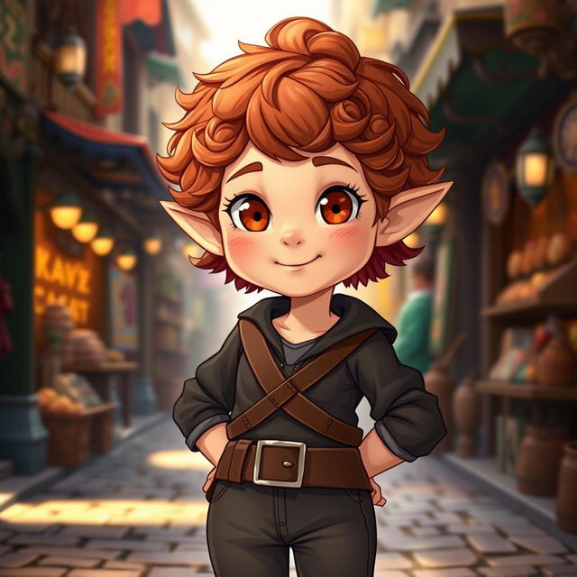 A teen girl Halfling rogue standing confidently with short, curly reddish brown hair and expressive brown eyes