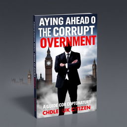 An eye-catching and informative book cover titled 'Staying Ahead of the Corrupt Government: A Guide for UK Citizens'