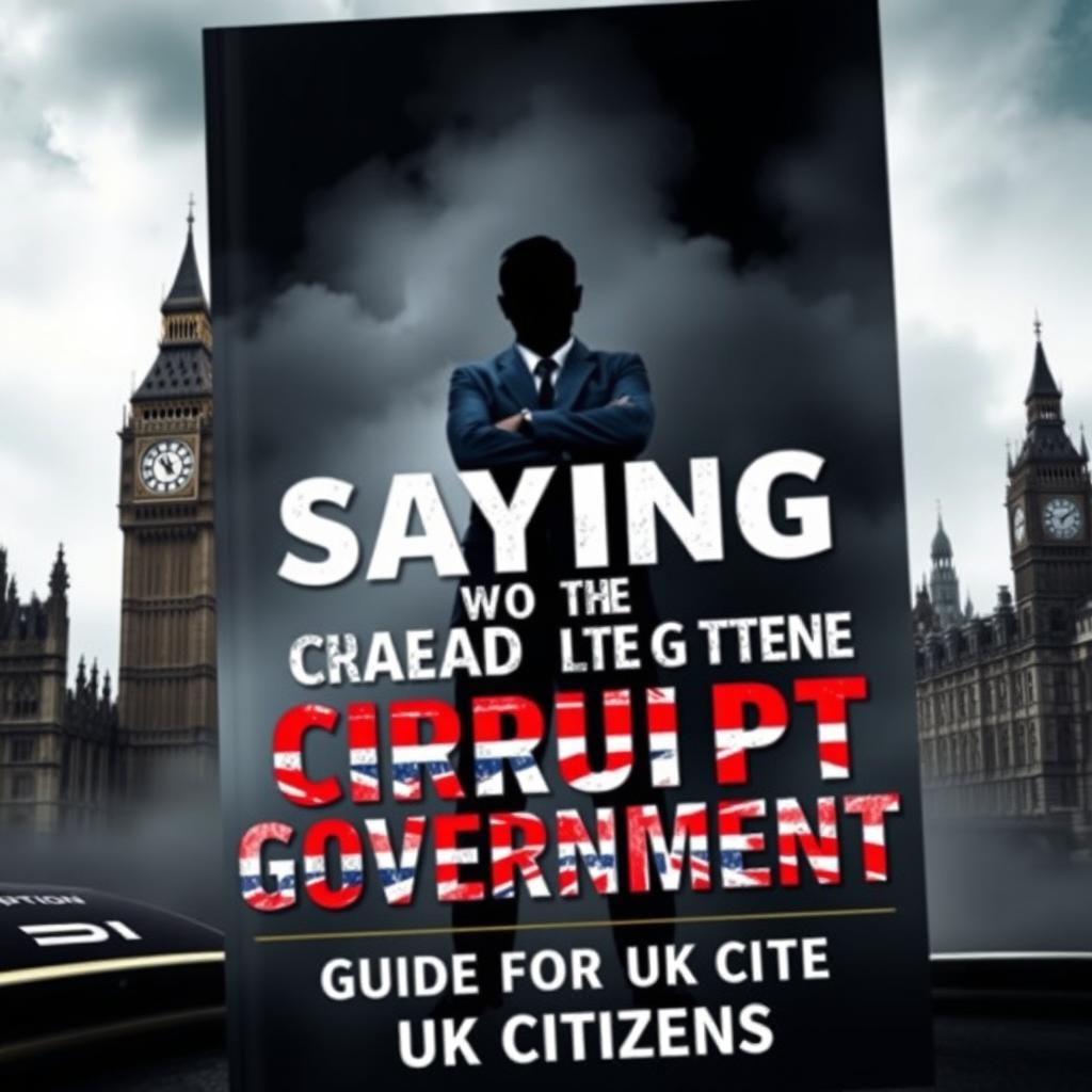 An eye-catching and informative book cover titled 'Staying Ahead of the Corrupt Government: A Guide for UK Citizens'