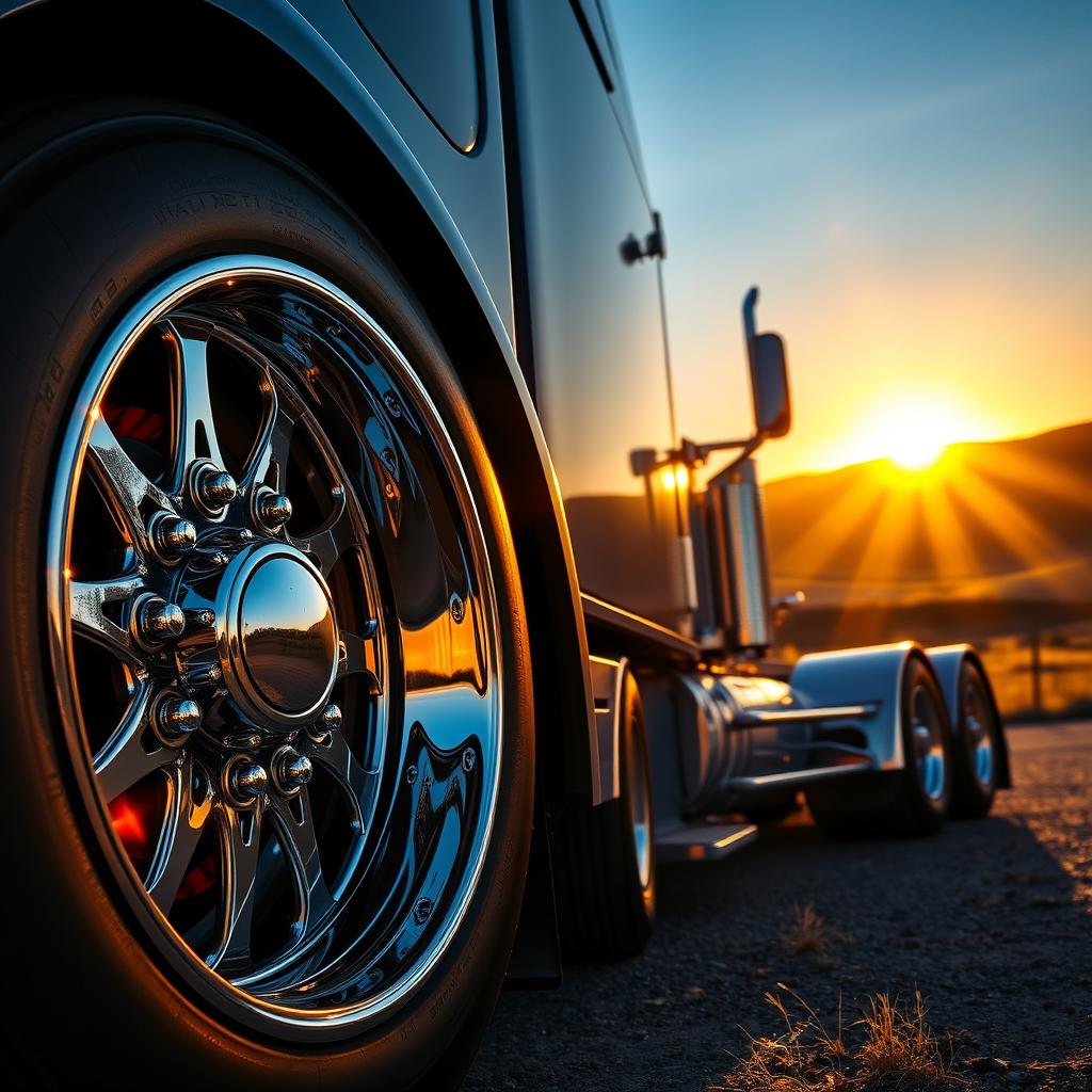 A close-up view of custom cutting-edge semi-truck rims and wheels, showcasing intricate designs and unique styles