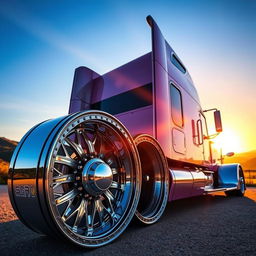 A close-up view of custom cutting-edge semi-truck rims and wheels, showcasing intricate designs and unique styles