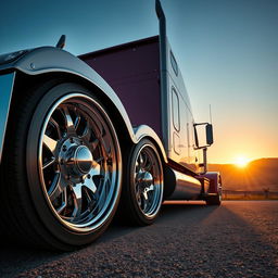 A close-up view of custom cutting-edge semi-truck rims and wheels, showcasing intricate designs and unique styles