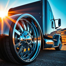 A close-up view of custom cutting-edge semi-truck rims and wheels, showcasing intricate designs and unique styles