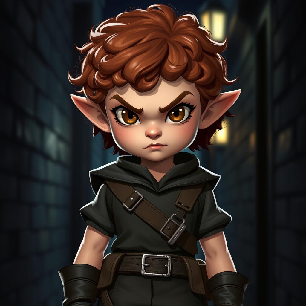 A teen girl Halfling rogue standing confidently with short, curly reddish brown hair and fierce brown eyes