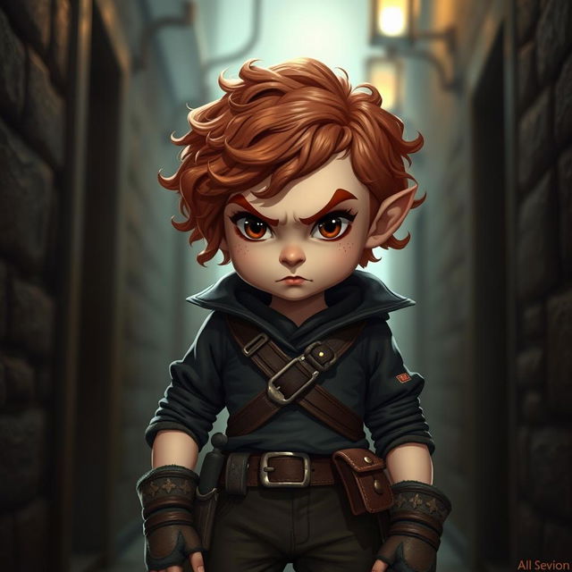 A teen girl Halfling rogue standing confidently with short, curly reddish brown hair and fierce brown eyes