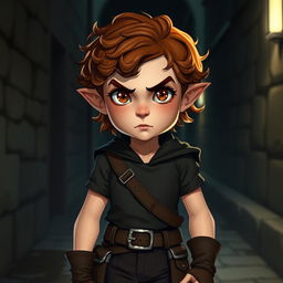 A teen girl Halfling rogue standing confidently with short, curly reddish brown hair and fierce brown eyes