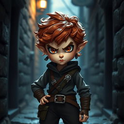 A teen girl Halfling rogue standing confidently with short, curly reddish brown hair and fierce brown eyes