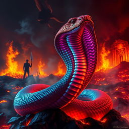 A captivating depiction of a cobra snake emerging from hell, with flames and smoke swirling around it