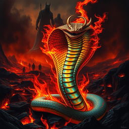 A captivating depiction of a cobra snake emerging from hell, with flames and smoke swirling around it