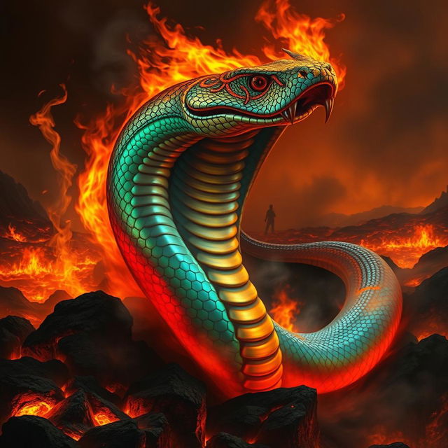 A captivating depiction of a cobra snake emerging from hell, with flames and smoke swirling around it