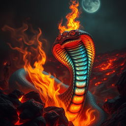 A captivating depiction of a cobra snake emerging from hell, with flames and smoke swirling around it