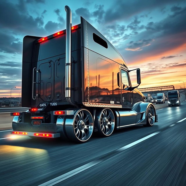 A dynamic scene of a custom cutting-edge semi-truck showcasing its unique rims and wheels