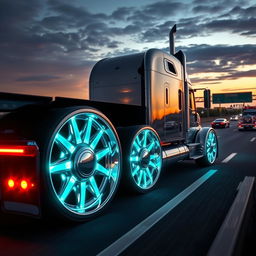 A dynamic scene of a custom cutting-edge semi-truck showcasing its unique rims and wheels