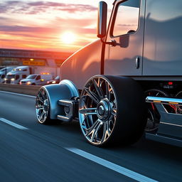 A dynamic scene of a custom cutting-edge semi-truck showcasing its unique rims and wheels