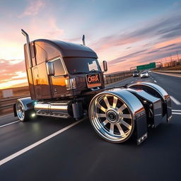 A dynamic scene of a custom cutting-edge semi-truck showcasing its unique rims and wheels