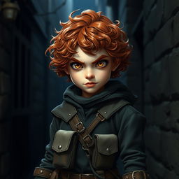A teen girl Halfling rogue standing boldly with short, curly reddish brown hair and striking golden eyes that reflect her fierce determination