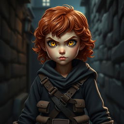 A teen girl Halfling rogue standing boldly with short, curly reddish brown hair and striking golden eyes that reflect her fierce determination