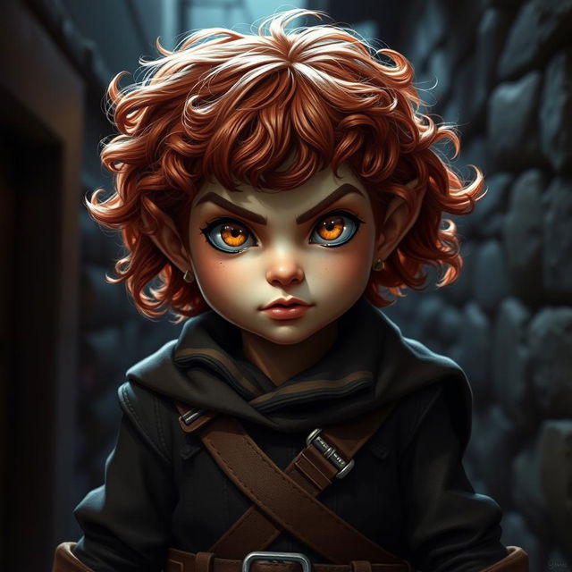 A teen girl Halfling rogue standing boldly with short, curly reddish brown hair and striking golden eyes that reflect her fierce determination