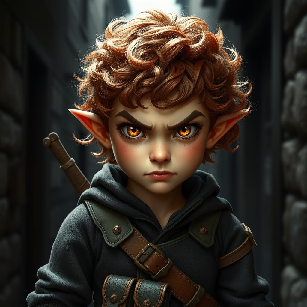 A teen girl Halfling rogue standing boldly with short, curly reddish brown hair and striking golden eyes that reflect her fierce determination