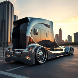 An eye-catching showcase of a custom cutting-edge semi-truck with striking rims and wheels