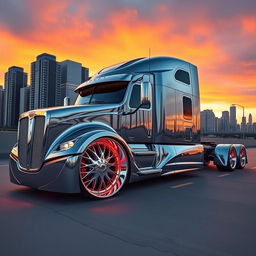 An eye-catching showcase of a custom cutting-edge semi-truck with striking rims and wheels