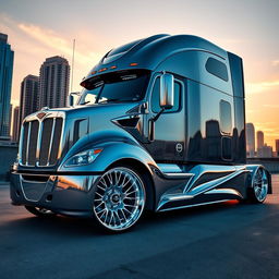An eye-catching showcase of a custom cutting-edge semi-truck with striking rims and wheels