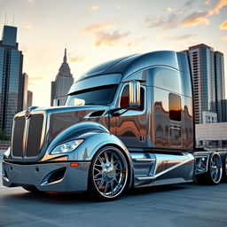 An eye-catching showcase of a custom cutting-edge semi-truck with striking rims and wheels