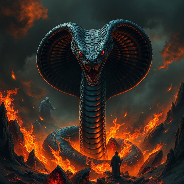 A hauntingly sinister depiction of a cobra snake emerging from the depths of hell, surrounded by swirling flames and dense, black smoke