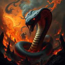 A hauntingly sinister depiction of a cobra snake emerging from the depths of hell, surrounded by swirling flames and dense, black smoke